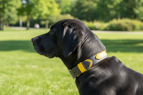 Jed sporting his Black with Yellow accent Biothane Collar with Stainless Steel